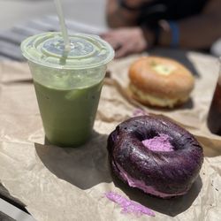 1802 Roasters - Matcha #2 and ube bagel with ube cream cheese