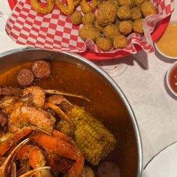 Crab and shrimp boil, calamari, okra Crab and shrimp boil, calamari, okra