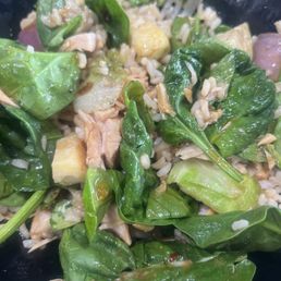 Bowl, chicken, brown rice, spinach, red onion, brussel sprouts, Thai peanut and sriracha. Bowl, chicken, brown rice, spinach, red onion, brussel sprouts, Thai peanut and sriracha.