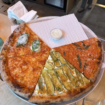 Allday Pizza - Stracciatella, cheese, pickle, tomato tomatoe slice - Pizza Near Me - Austin, Texas