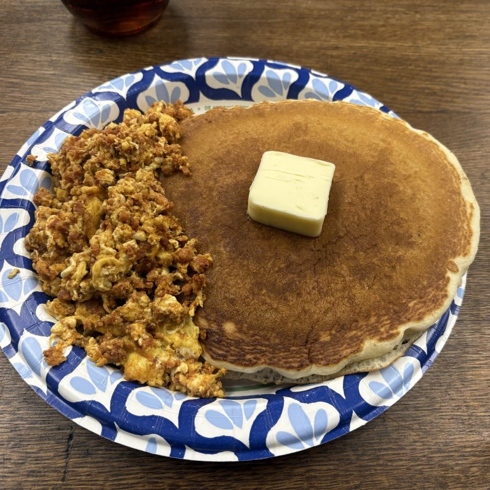 Pancake Breakfast with chorizo scrambled into my eggs. Pancake Breakfast with chorizo scrambled into my eggs.
