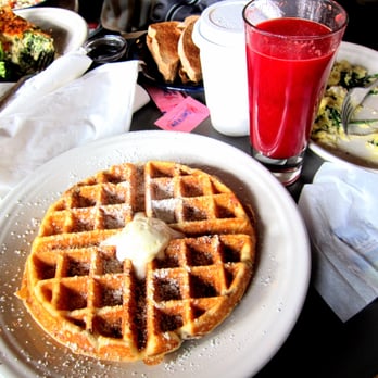 Cafe Borrone - Bacon Belgian waffle, whipped butter, powdered sugar, and maple syrup - $10. Blood orange juice - $5. - Breakfast & Brunch Near Me - Menlo Park, California
