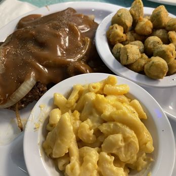 Peak City Diner - Blue Plate Special - hamburger steak with Mac & cheese & delicious fried okra - Burgers Near Me - Apex, North Carolina