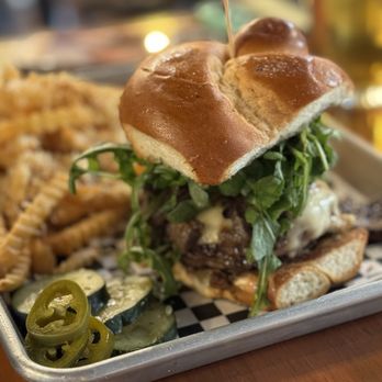 Cast Iron Trading - Mushroom Burger on the weekly specials menu with garlic fries! Yum! - Beer Bar Near Me - Stockton, California