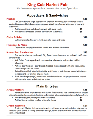 Menu photo 2 King Cob Market Pub Winnipeg, MB
