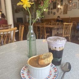 Coldbrew with blueberry cold foam and tomato soup. Coldbrew with blueberry cold foam and tomato soup.