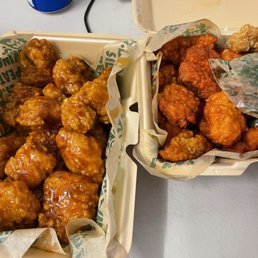 Side by side of the first wings I picked up and the corrected ones on the left. Both are supposedly mango habanero lol Side by side of the first wings I picked up and the corrected ones on the left. Both are supposedly mango habanero lol