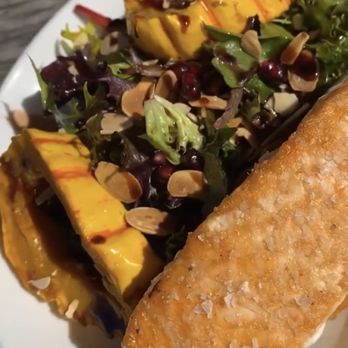 Pacific Coast Spirits - Butternut squash salad with salmon - New American Near Me - Oceanside, California Pacific Coast Spirits - Butternut squash salad with salmon - New American Near Me - Oceanside, California