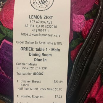 Lemon Zest - Receipt - Mediterranean Near Me - Azusa, California