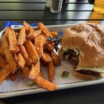 Hidden Valley Mini Golf and Waterfront Grille - Bacon cheeseburger with sweet potato fries - Mini Golf Near Me - Southington, Connecticut Hidden Valley Mini Golf and Waterfront Grille - Bacon cheeseburger with sweet potato fries - Mini Golf Near Me - Southington, Connecticut