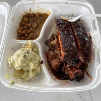 Smith's Bar-B-Que - Two meat plate, ribs and brisket with baked beans and potato salad - Barbeque Near Me