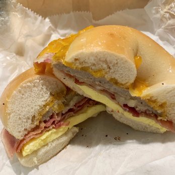 Bagel Beanery - Breakfast duo (bacon, sausage, scrambled egg, cheddar and monterey jack on plain) - Coffee & Tea Near Me - Grand Rapids, Michigan