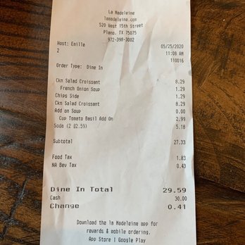 la Madeleine - Lunch receipt from today. - Cafes Near Me - Plano, Texas