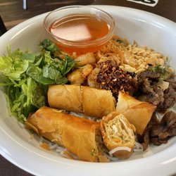 Pho 88 - Noodle bowl with grilled pork, spicy shrimp, and egg rolls