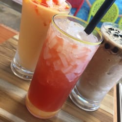 Boba Snow House - Pudding Slush w/Rainbow Jelly, Blood Orange Green Tea w/Lychee Jelly, Coffee Smoothie w/Boba