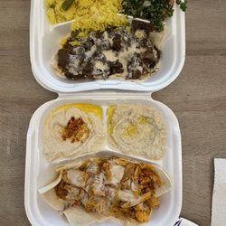 Samira's Cafe - Beef shawarma platter with rice and tabbouleh salad and chicken Shawarma Chicken Platter with hummus and babaganoush.