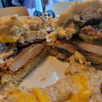 Pine State Biscuits - Reno - Both sandwiches cut in half - Breakfast & Brunch Near Me - Reno, Nevada