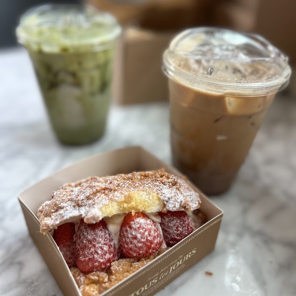 Strawberry Creme Croissant, Lavendar and Honey Iced Matcha Latte, Iced Lavender Latte Strawberry Creme Croissant, Lavendar and Honey Iced Matcha Latte, Iced Lavender Latte