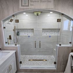 The Shower Door Guy - Custom Double Pull Doors with Inline End Panels