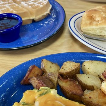 Blue Plate Cafe - Veggie omelette with home fries and biscuit and gravy and original waffle - Salad Near Me - Broken Arrow, Oklahoma