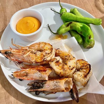 Amparo Fondita - Camarones a la Plancha - Three Grilled Head-On White Prawns, Blistered Shishitos, Guajillo Mayo - Mexican Near Me - Washington, DC, District of Columbia