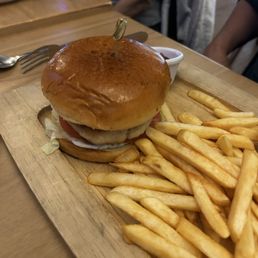 Crabcake burger and fries Crabcake burger and fries