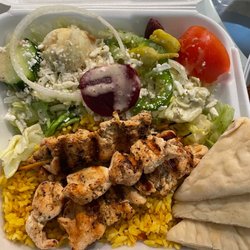 Chicken Skewers with Rice & Greek Salad Dinner