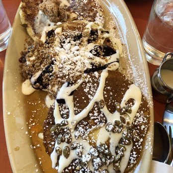 Snooze, an A.M. Eatery - Pancake flight - Pumpkin, Blueberry Danish, and pancake of the day - pineapple with blueberry syrup. - Breakfast & Brunch Near Me - Lone Tree, Colorado