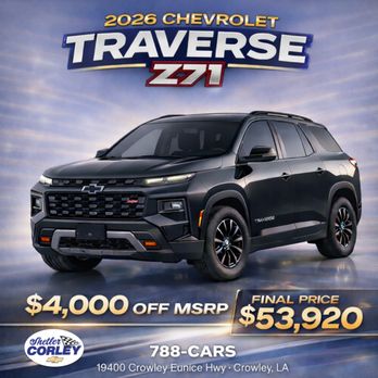 Shetler-Corley Chevrolet - Stock #26T030
Price includes all manufacturer rebates paid to dealer.
TT&L not included. - Auto Repair Near Me - Crowley, Louisiana Shetler-Corley Chevrolet - Stock #26T030
Price includes all manufacturer rebates paid to dealer.
TT&L not included. - Auto Repair Near Me - Crowley, Louisiana