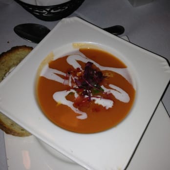 La Brochette Bistro Seafood and Grill - Red pepper soup w crawfish on top - French Near Me - Hollywood, Florida La Brochette Bistro Seafood and Grill - Red pepper soup w crawfish on top - French Near Me - Hollywood, Florida