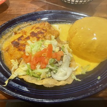 Los Tios Meyerland - Lunch Special Choose Two - Cheese Enchilada with chili queso and Puffy Queso smothered with queso - Mexican Near Me - Houston, Texas Los Tios Meyerland - Lunch Special Choose Two - Cheese Enchilada with chili queso and Puffy Queso smothered with queso - Mexican Near Me - Houston, Texas