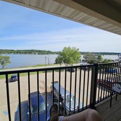 Third floor balcony seating looking towards the Mississippi River.