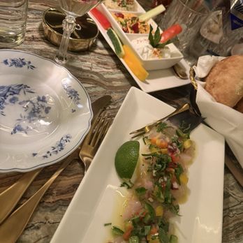Antique Garage- Rye - Sea bass carpaccio , 3 dips - Mediterranean Near Me - Rye, New York