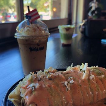 DIA Café - Breakfast burrito, iced latte (one of their monthly specials) and iced matcha with guava and cream cheese cold foam. - Bakeries Near Me - Greendale, Wisconsin