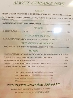 Menu photo 1 TJ Truck Stop Lancaster, NH Menu photo 1 TJ Truck Stop Lancaster, NH