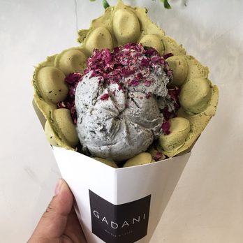 Gadani - Matcha Waffle with Black Sesame Ice Cream and Rose Petal topping - Coffee & Tea Near Me - Berkeley, California Gadani - Matcha Waffle with Black Sesame Ice Cream and Rose Petal topping - Coffee & Tea Near Me - Berkeley, California