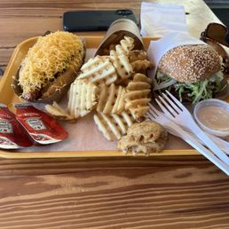 Double cheeseburger and hot dog
