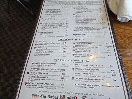 Menu photo 2 Winthrop Arms Restaurant Winthrop, MA