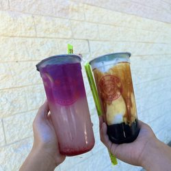 Strawberry butterfly lemonade + tiger milk tea w/boba