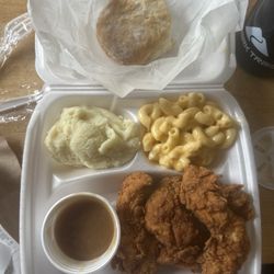 P G's Home Style Chicken & Biscuits - 3 piece tenders  Macaroni and cheese Mashed potatoes and gravy  Biscuits