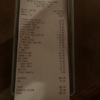 Avilas El Ranchito - Reciept for 12 people. Prices are fair for your typical mexican restaurant. - Mexican Near Me - Costa Mesa, California Avilas El Ranchito - Reciept for 12 people. Prices are fair for your typical mexican restaurant. - Mexican Near Me - Costa Mesa, California