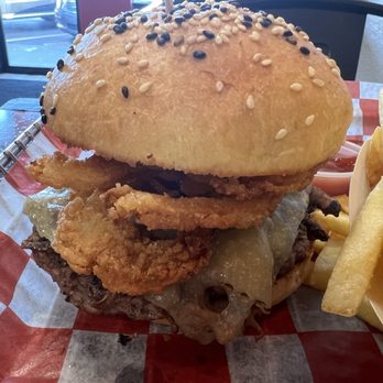 Bad Ass Burgers - The Oppenheimer with crispy onions added - Burgers Near Me - Orlando, Florida Bad Ass Burgers - The Oppenheimer with crispy onions added - Burgers Near Me - Orlando, Florida