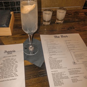 Francis Bogside - Drink is called the purple one and a spicy pineapple tequila shot . - Gastropubs Near Me - San Antonio, Texas