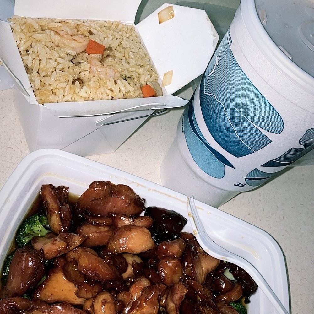 Bourbon Chicken, shrimp fried rice, and sweet tea