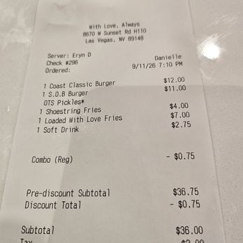 With Love Always - Receipt - Burgers Near Me - Las Vegas, Nevada With Love Always - Receipt - Burgers Near Me - Las Vegas, Nevada