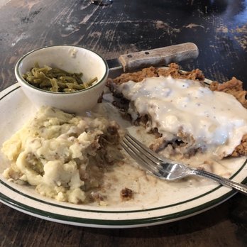 The Office Bar And Grill - Country fried steak with mashed potatoes and green beans. Could only eat half. So big! So delicious! - New American Near Me - Pleasanton, Texas