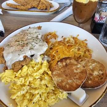 Mikayla's Cafe - Chicken fried chicken,  scrambled eggs,  crispy hashbrowns, and english muffin.  We ordered an extra side of fried chicken with no gravy. - Breakfast & Brunch Near Me - Santa Clara, California