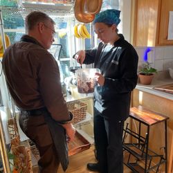 My Singing Vegetables - Melissa teaching how to repeatedly blend, scrape and taste to achieve the perfect mousse consistency.