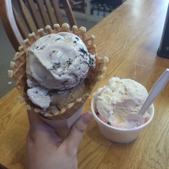 Chaney's Dairy Barn - 2 scoop cone of heaven. Whomever dreamed up the strawberry with brownie flavor is going to heaven! - Ice Cream & Frozen Yogurt Near Me - Bowling Green, Kentucky