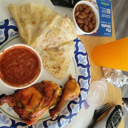 Chicken, beans, salsa and orange drink. Chicken, beans, salsa and orange drink.